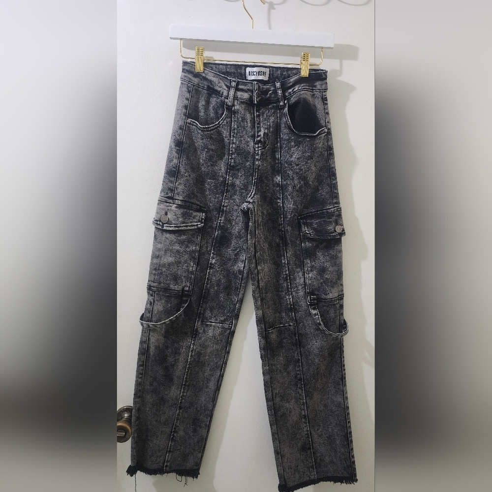 Disclosure Edikted Black Acid Wash Cargo Jeans, Size 26, Denim.